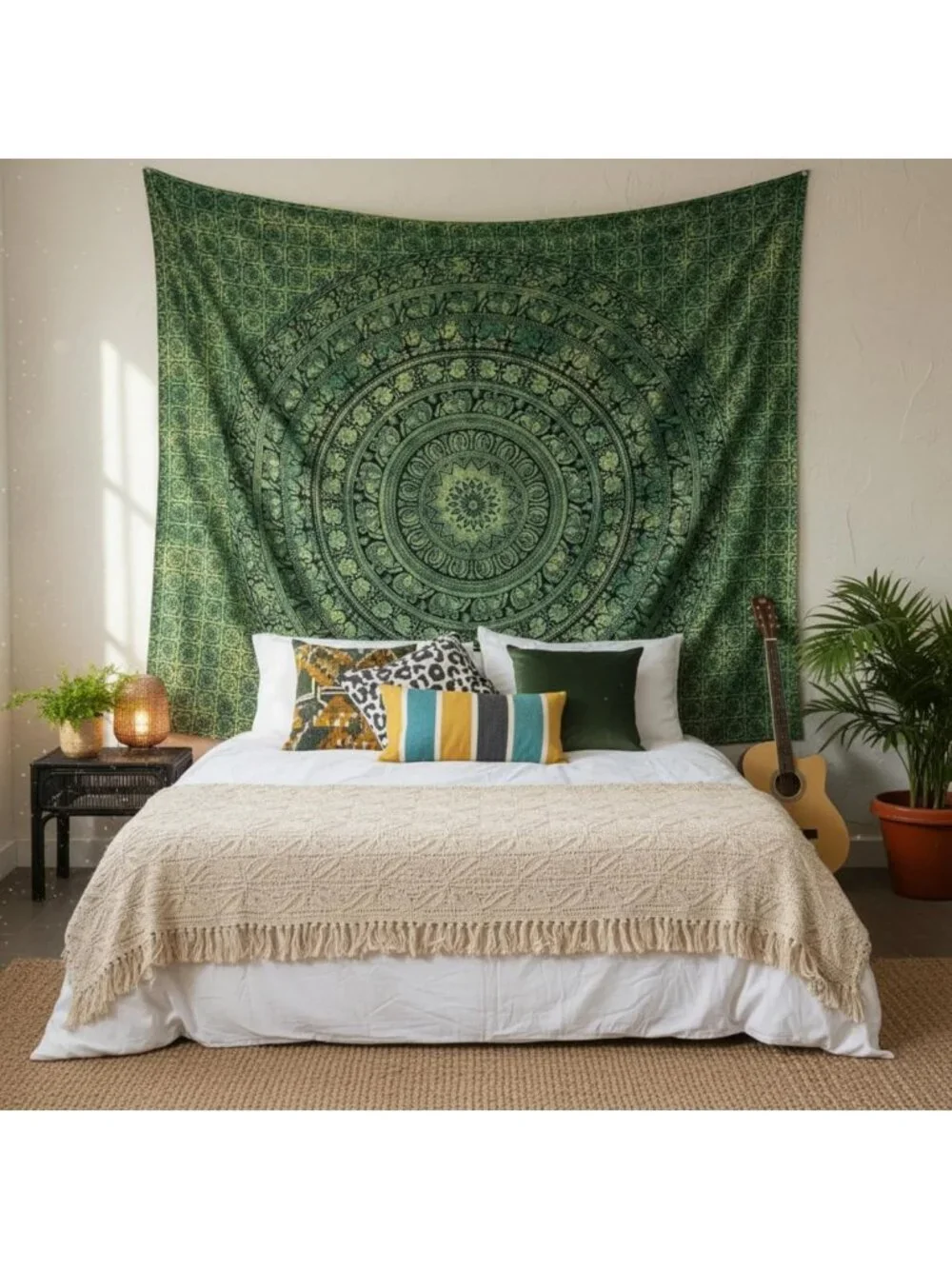 Aesthetic Boho Mandala Wall Tapestry - Indian Cotton Green Decor for Living Room